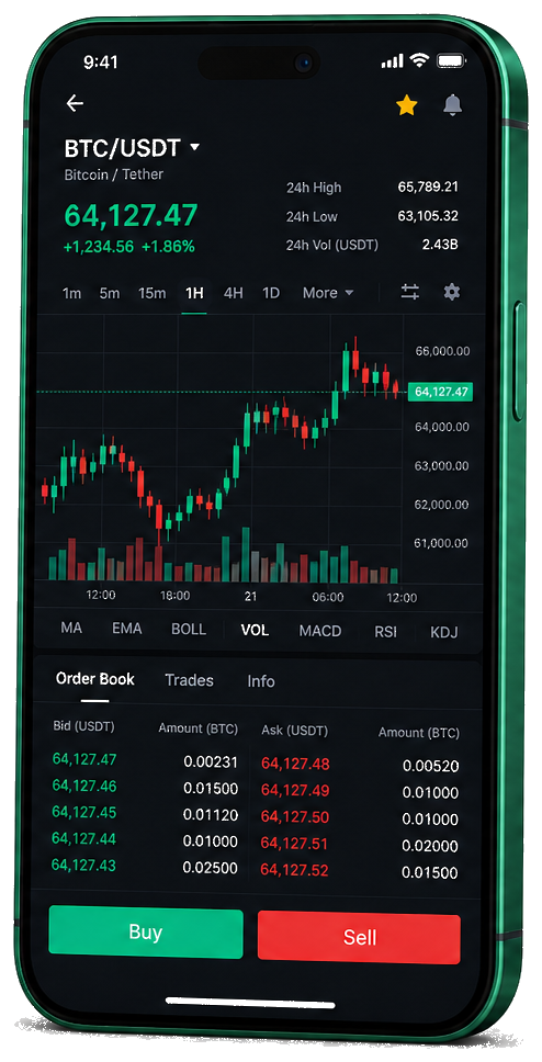 Interface mobile de trading Rentaurel — cours BTC/USDT en temps réel, carnet d’ordres et outils de suivi des transactions